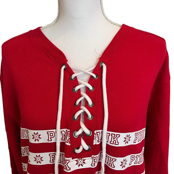 Victoria's Secret Pink Snowflake Sweatshirt Top Large Red White Ties Tunic Top - Picture 2 of 8